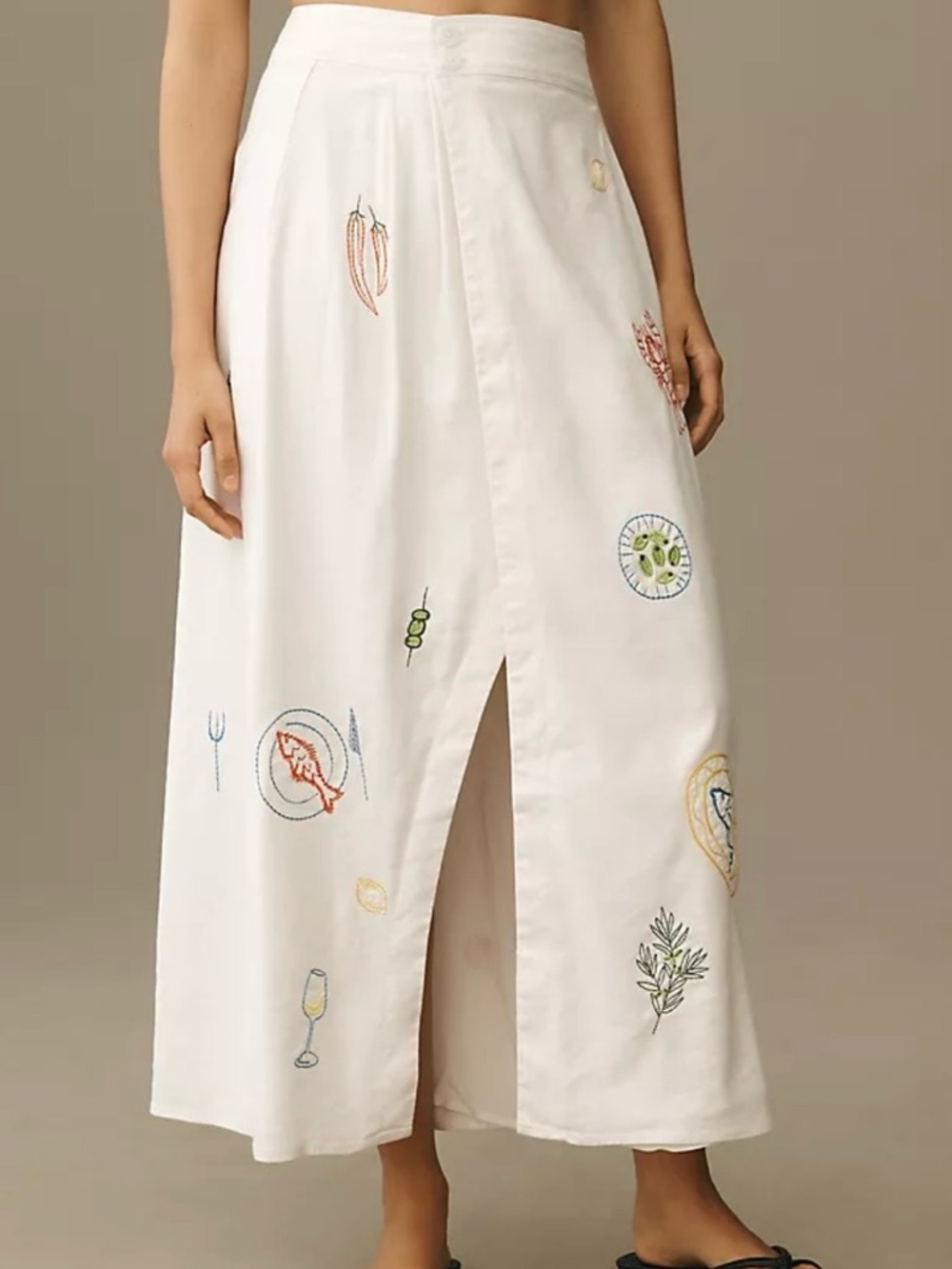Maeve White Embroidered Midi Front Slit Olive Wrap Skirt Anthropologie #0030